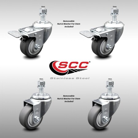 Service Caster 3 Inch SS Thermoplastic Rubber 1/2 Inch Stem Caster Total Lock Brake SCC, 2PK SCC-SSTSTTL20S314-TPRB-M1215-2-S-2